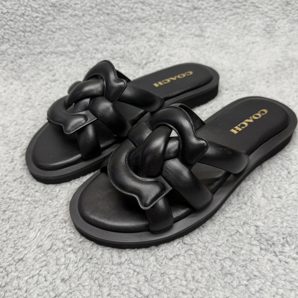 Coach Georgie Braided Sandals Womens 6.5 B Black Leather Knot C Logo Slides